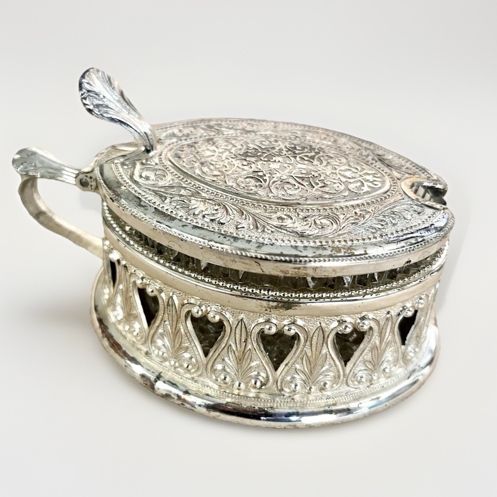 Vintage Italian Crystal Sugar Bowl Silver Plate Hearts Made in Italy Candy Dish